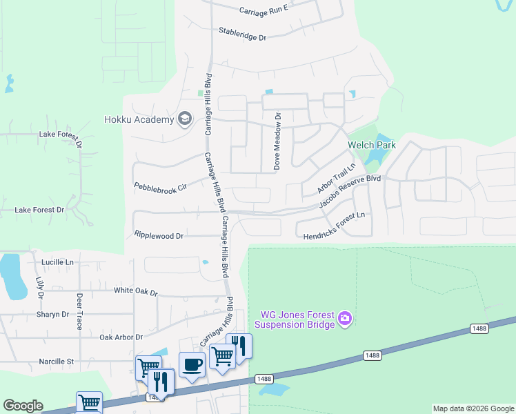 map of restaurants, bars, coffee shops, grocery stores, and more near 138 Sweet Leaf Grove Lane in Conroe