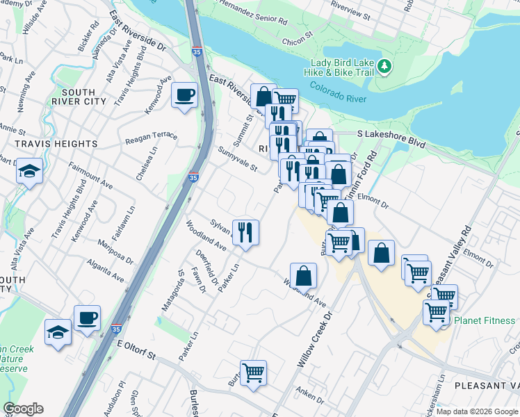 map of restaurants, bars, coffee shops, grocery stores, and more near 1703 Elmhurst Drive in Austin