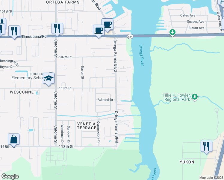 map of restaurants, bars, coffee shops, grocery stores, and more near 5942 Ortega Farms Boulevard in Jacksonville
