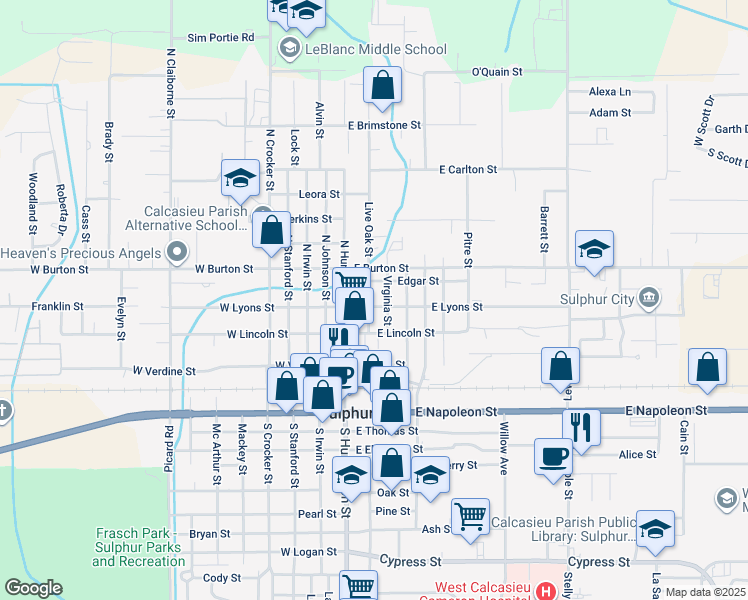 map of restaurants, bars, coffee shops, grocery stores, and more near 202 Edgar Street in Sulphur