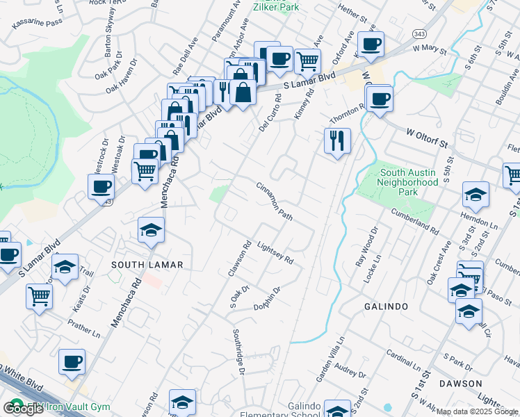map of restaurants, bars, coffee shops, grocery stores, and more near 1707 Cinnamon Path in Austin