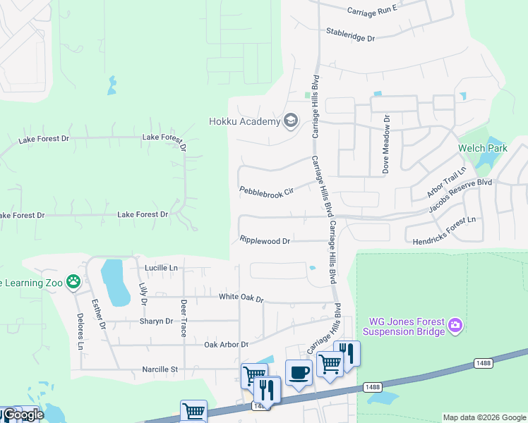 map of restaurants, bars, coffee shops, grocery stores, and more near 2422 Pebblebrook Circle in Conroe