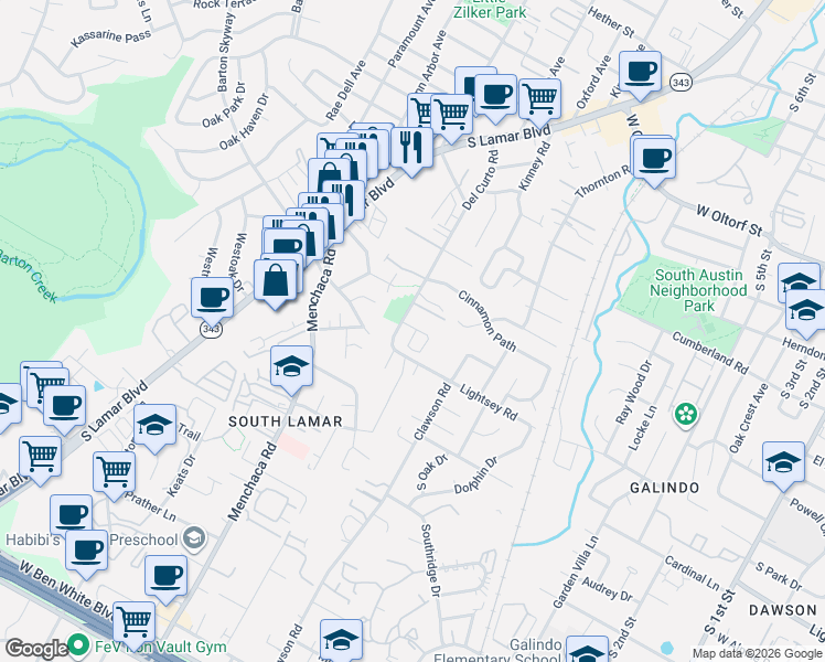 map of restaurants, bars, coffee shops, grocery stores, and more near 2908 Del Curto Road in Austin