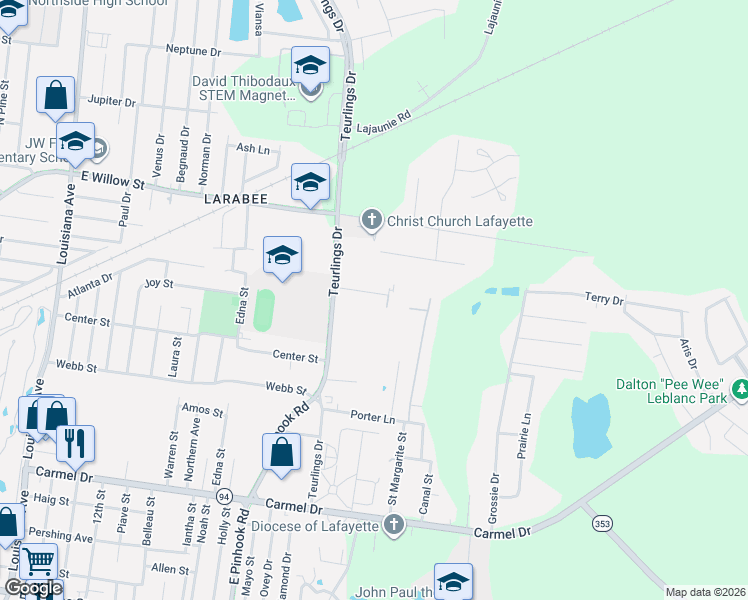 map of restaurants, bars, coffee shops, grocery stores, and more near 107 Marcelle Drive in Lafayette