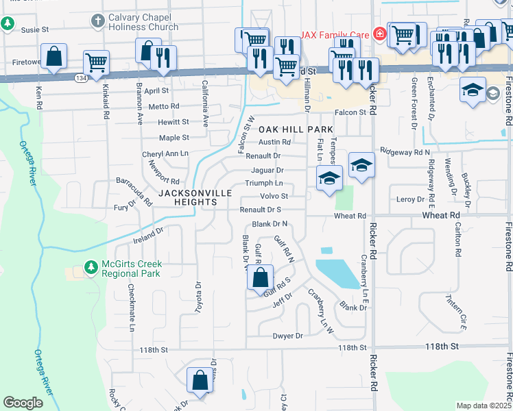 map of restaurants, bars, coffee shops, grocery stores, and more near 7955 Renault Drive South in Jacksonville