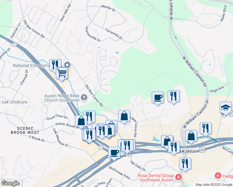 map of restaurants, bars, coffee shops, grocery stores, and more near 7100 Old Bee Cave Road in Austin