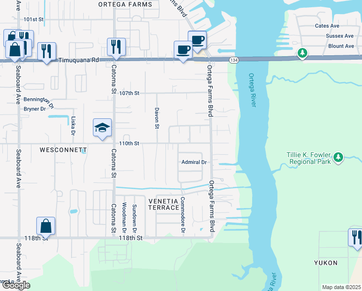 map of restaurants, bars, coffee shops, grocery stores, and more near 6003 Commodore Drive in Jacksonville