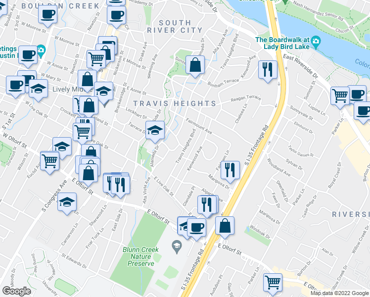 map of restaurants, bars, coffee shops, grocery stores, and more near 1900 Travis Heights Boulevard in Austin