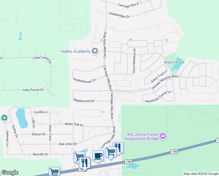 map of restaurants, bars, coffee shops, grocery stores, and more near 102 Sweet Leaf Grove Lane in Conroe