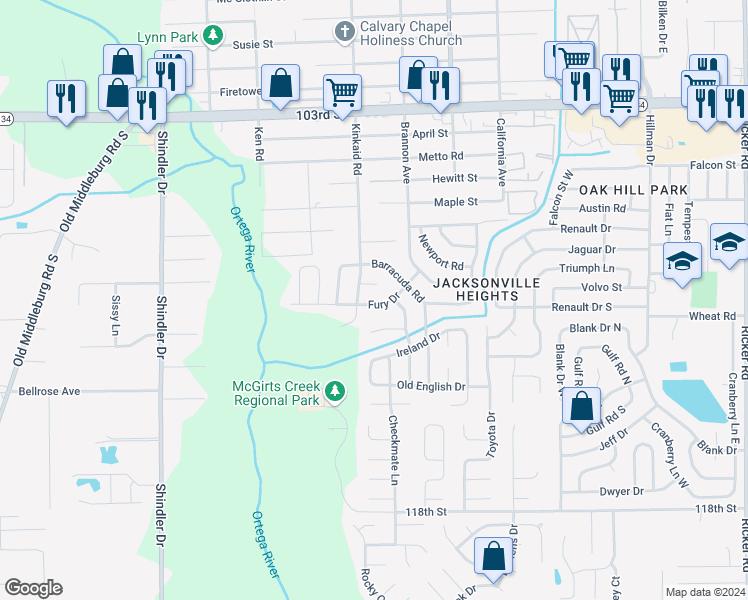 map of restaurants, bars, coffee shops, grocery stores, and more near 8362 Kinkaid Court in Jacksonville