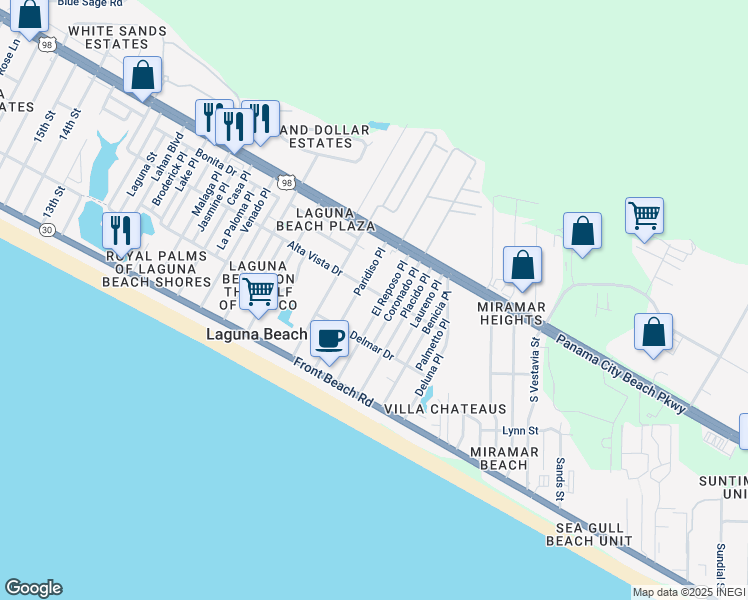 map of restaurants, bars, coffee shops, grocery stores, and more near 309 El Reposo Place in Panama City Beach