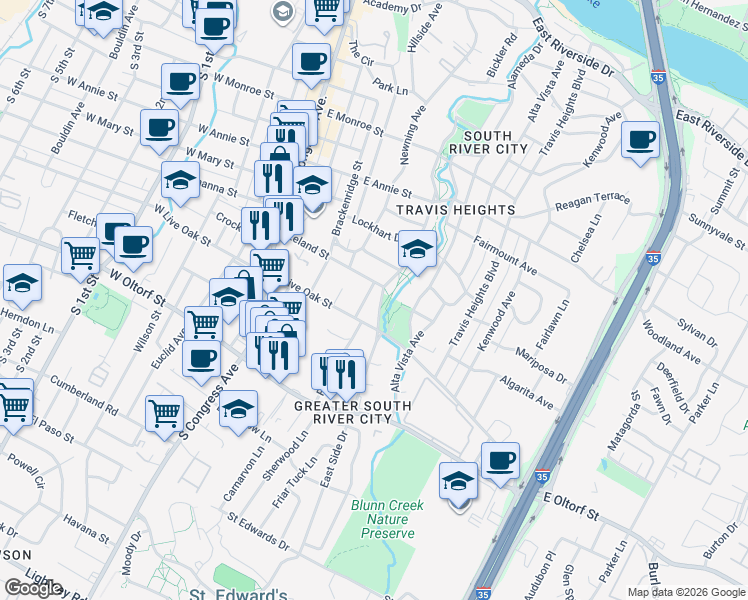 map of restaurants, bars, coffee shops, grocery stores, and more near 516 Leland Street in Austin