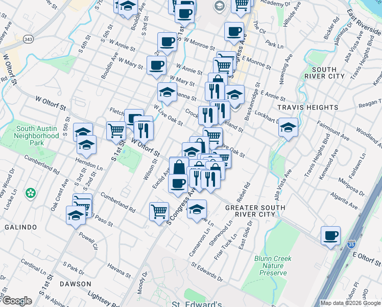 map of restaurants, bars, coffee shops, grocery stores, and more near 2204 Lindell Avenue in Austin