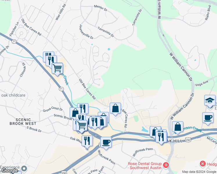 map of restaurants, bars, coffee shops, grocery stores, and more near 7100 Old Bee Cave Road in Austin