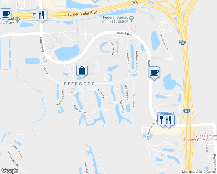map of restaurants, bars, coffee shops, grocery stores, and more near 11147 Belfair Court in Jacksonville