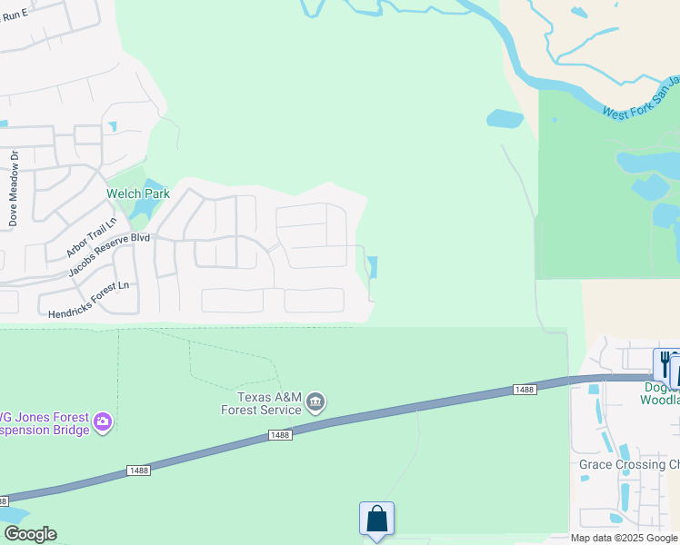 map of restaurants, bars, coffee shops, grocery stores, and more near 1611 Jacobs Forest Drive in Conroe