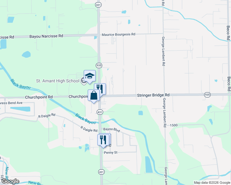 map of restaurants, bars, coffee shops, grocery stores, and more near 44058 Stringer Bridge Road in Saint Amant
