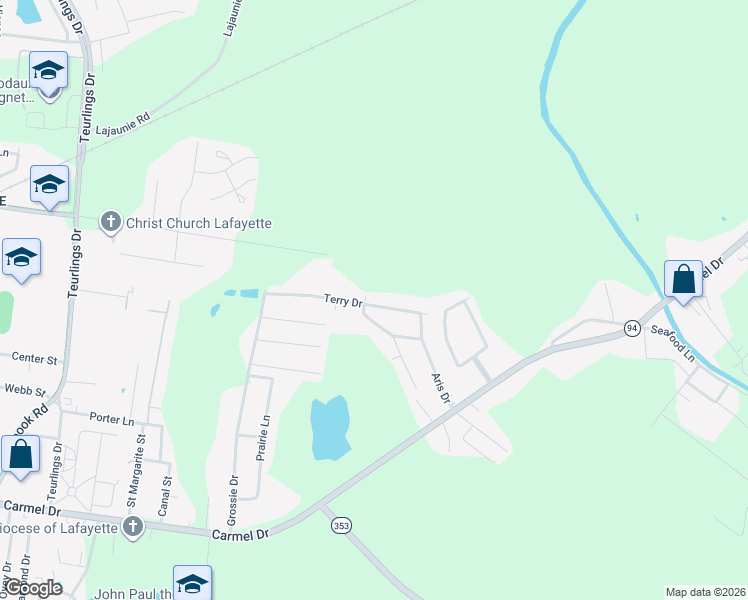map of restaurants, bars, coffee shops, grocery stores, and more near 307 Terry Drive in Lafayette