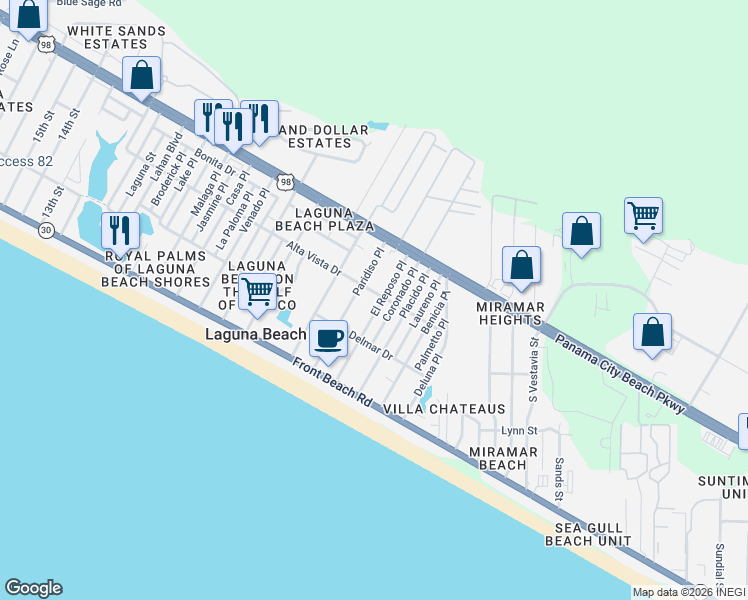 map of restaurants, bars, coffee shops, grocery stores, and more near 309 El Reposo Place in Panama City Beach