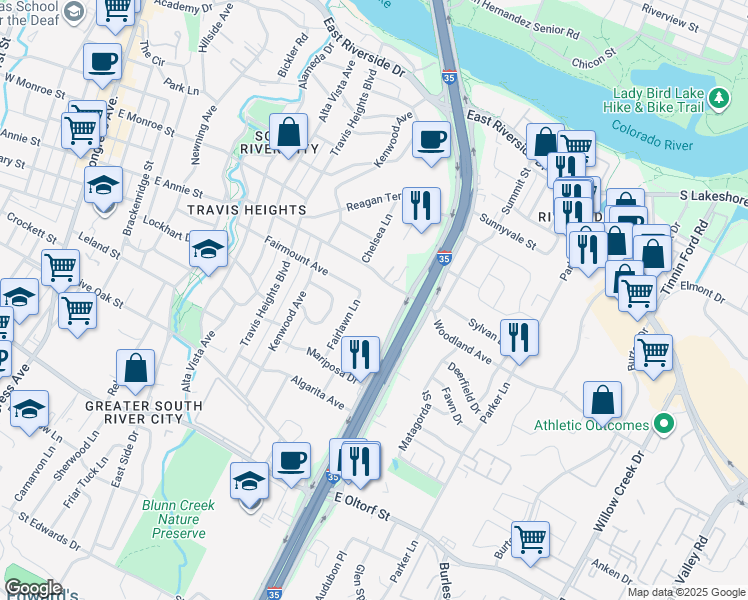 map of restaurants, bars, coffee shops, grocery stores, and more near 1824 South Interstate 35 Frontage Road in Austin