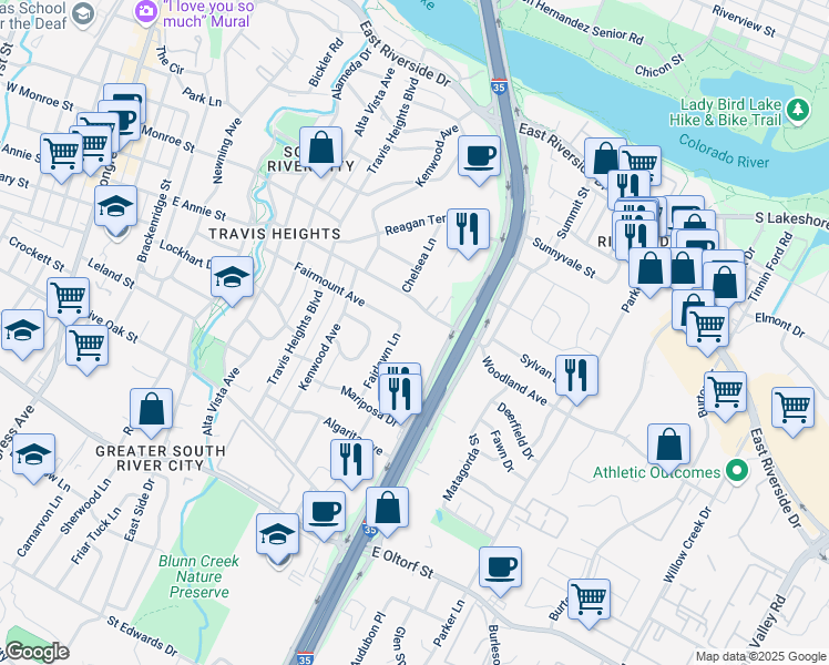 map of restaurants, bars, coffee shops, grocery stores, and more near 1824 South Interstate 35 Frontage Road in Austin