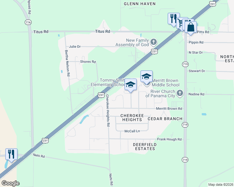 map of restaurants, bars, coffee shops, grocery stores, and more near 5020 Pretty Way in Panama City