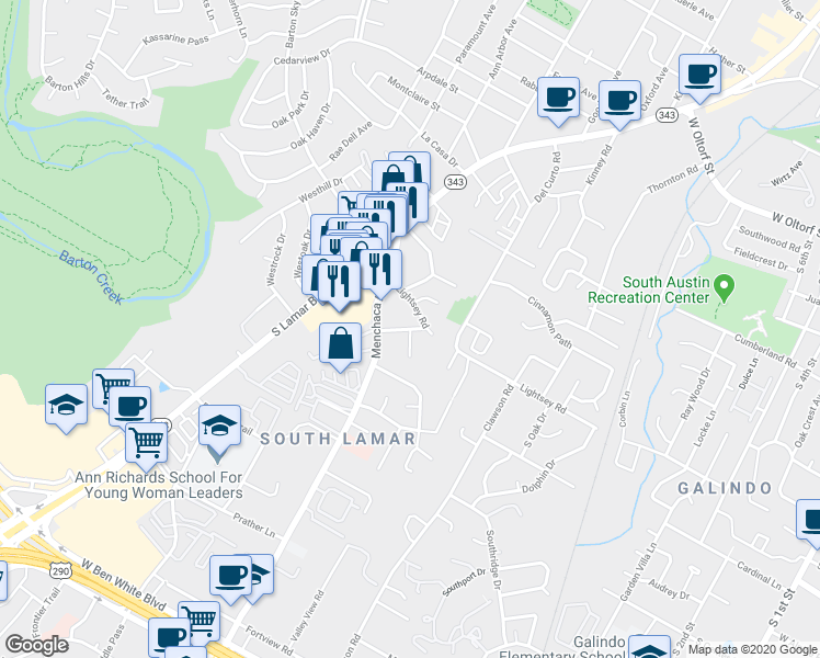 map of restaurants, bars, coffee shops, grocery stores, and more near Glen Allen St & Glen Ora St in Austin