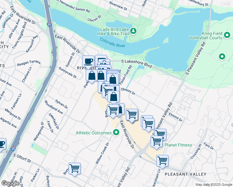map of restaurants, bars, coffee shops, grocery stores, and more near 2102 Elmont Drive in Austin
