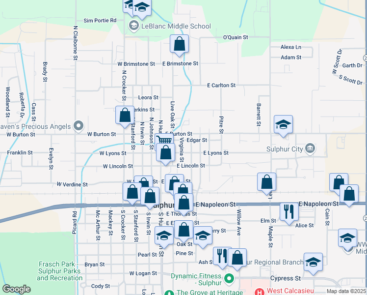 map of restaurants, bars, coffee shops, grocery stores, and more near 416 Virginia Street in Sulphur