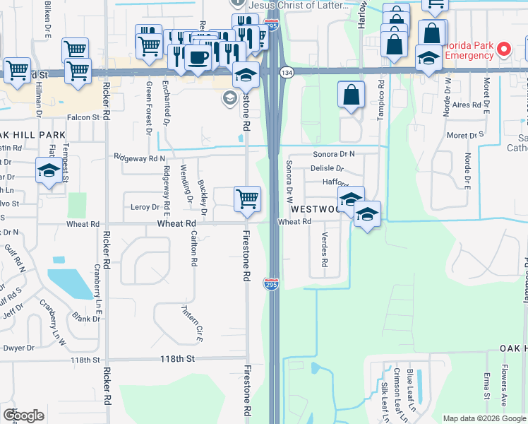 map of restaurants, bars, coffee shops, grocery stores, and more near 7139 Wheat Road in Jacksonville