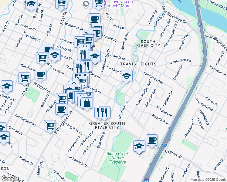 map of restaurants, bars, coffee shops, grocery stores, and more near 2118 Brackenridge Street in Austin