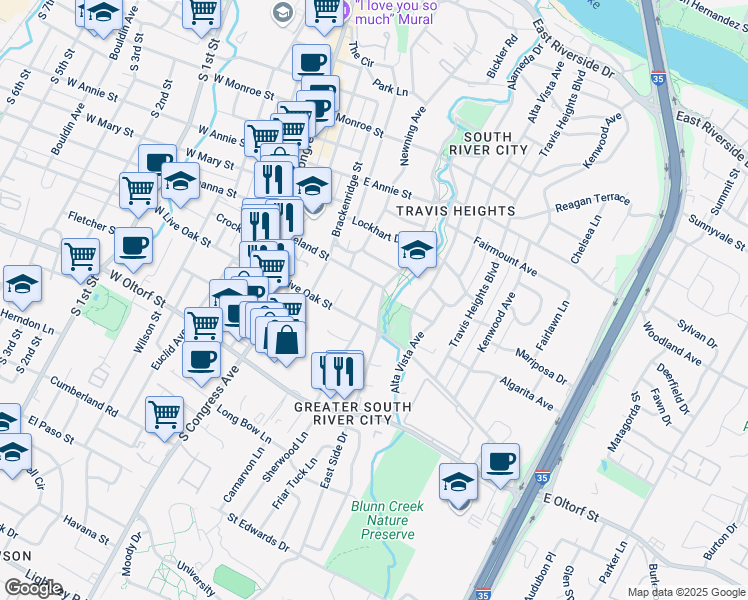 map of restaurants, bars, coffee shops, grocery stores, and more near 2302 East Side Drive in Austin