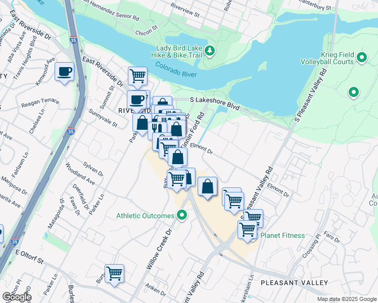 map of restaurants, bars, coffee shops, grocery stores, and more near 2101 Elmont Drive in Austin