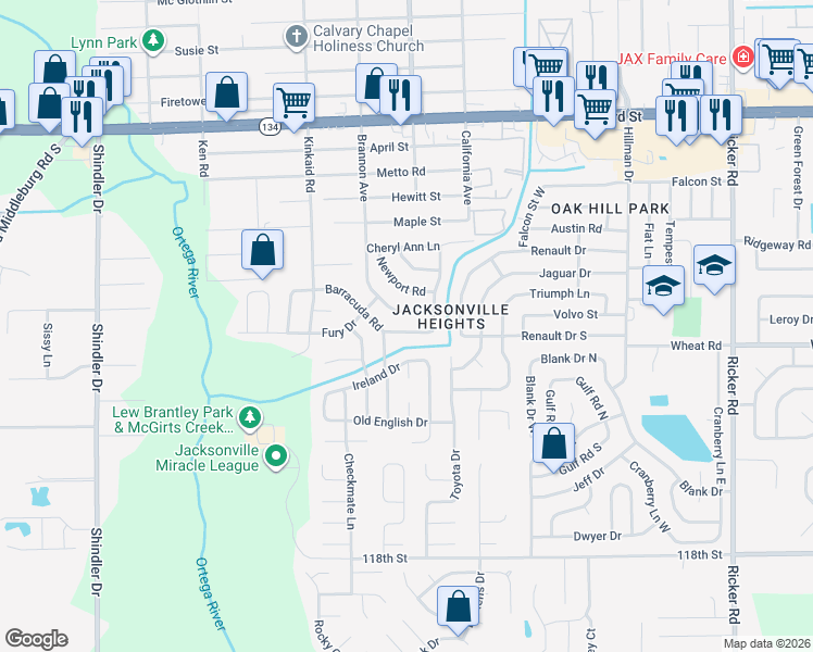 map of restaurants, bars, coffee shops, grocery stores, and more near 8215 Barracuda Road in Jacksonville