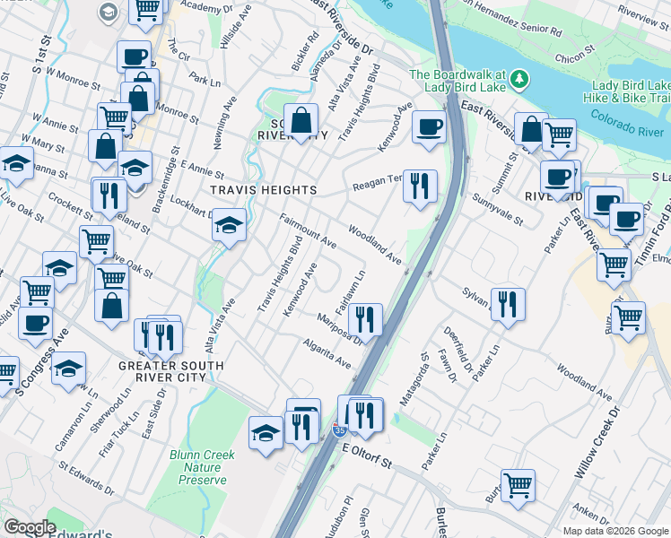 map of restaurants, bars, coffee shops, grocery stores, and more near 1118 Gillespie Place in Austin