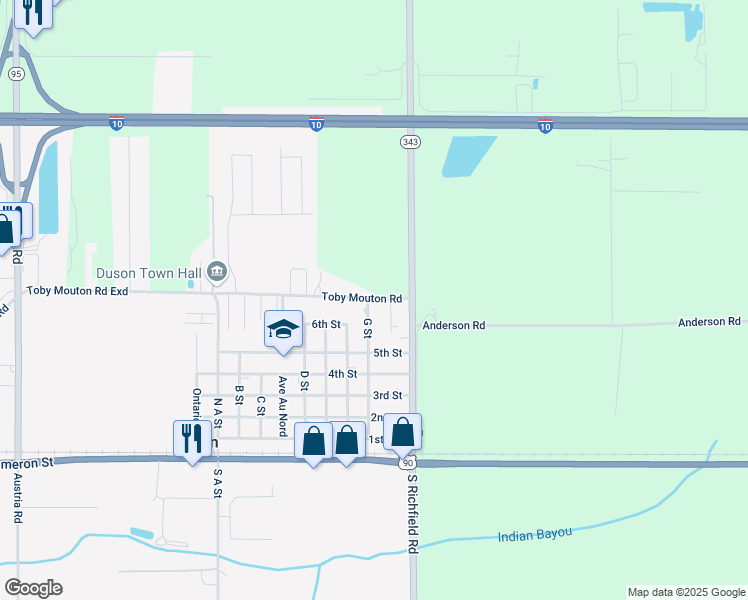 map of restaurants, bars, coffee shops, grocery stores, and more near 304 Toby Mouton Road in Duson