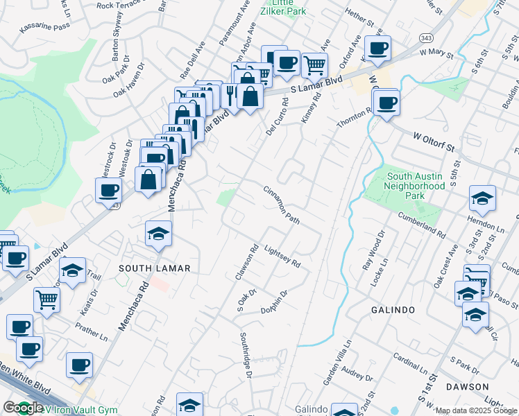 map of restaurants, bars, coffee shops, grocery stores, and more near 2807 Del Curto Road in Austin