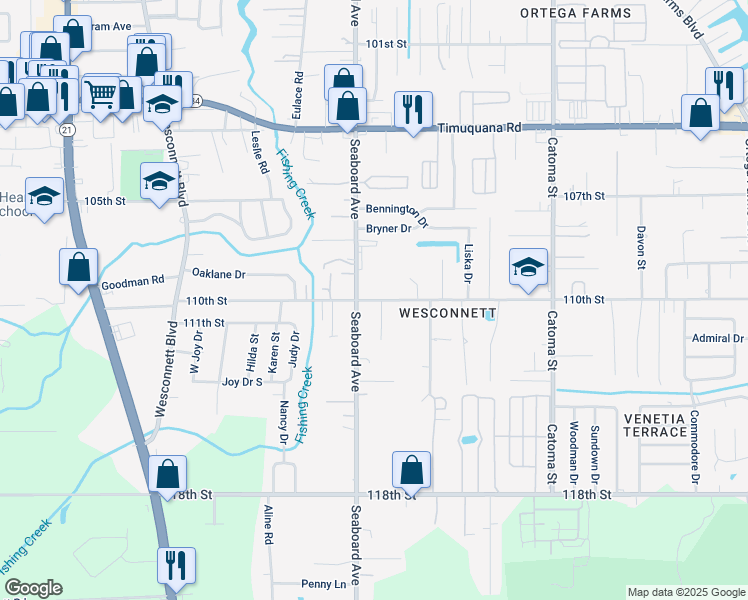 map of restaurants, bars, coffee shops, grocery stores, and more near 5936 Seaboard Avenue in Jacksonville
