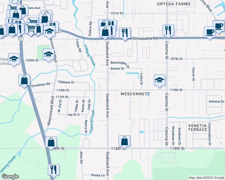 map of restaurants, bars, coffee shops, grocery stores, and more near 5936 Seaboard Avenue in Jacksonville
