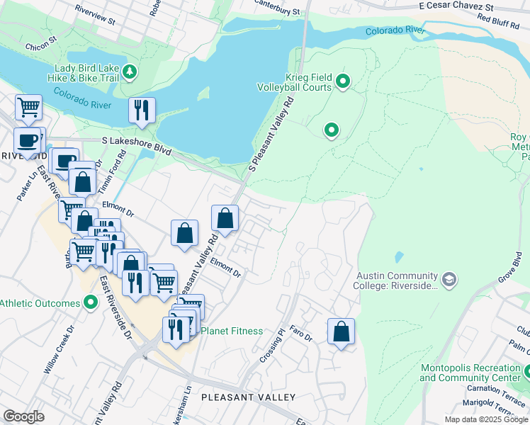 map of restaurants, bars, coffee shops, grocery stores, and more near 1109 South Pleasant Valley Road in Austin
