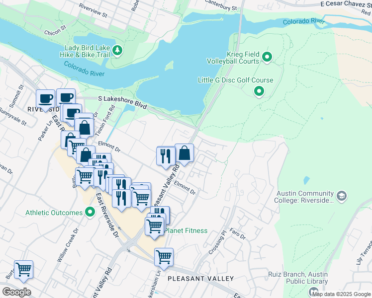 map of restaurants, bars, coffee shops, grocery stores, and more near 1109 South Pleasant Valley Road in Austin