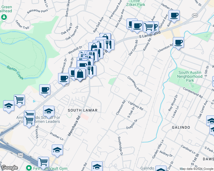map of restaurants, bars, coffee shops, grocery stores, and more near 2908 Del Curto Road in Austin