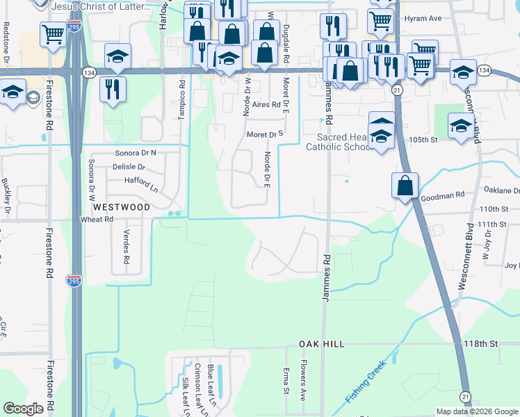map of restaurants, bars, coffee shops, grocery stores, and more near 6522 South Norde Drive in Jacksonville