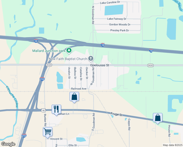 map of restaurants, bars, coffee shops, grocery stores, and more near 301 North Goodman Road in Lake Charles
