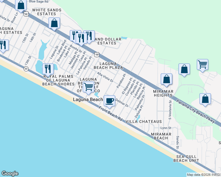 map of restaurants, bars, coffee shops, grocery stores, and more near 212 East Lakeshore Drive in Panama City Beach