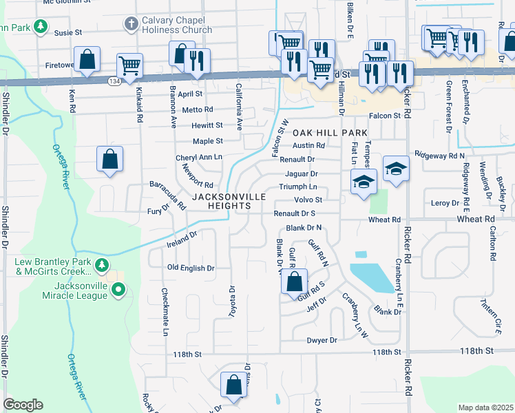 map of restaurants, bars, coffee shops, grocery stores, and more near 5953 Triumph Lane West in Jacksonville