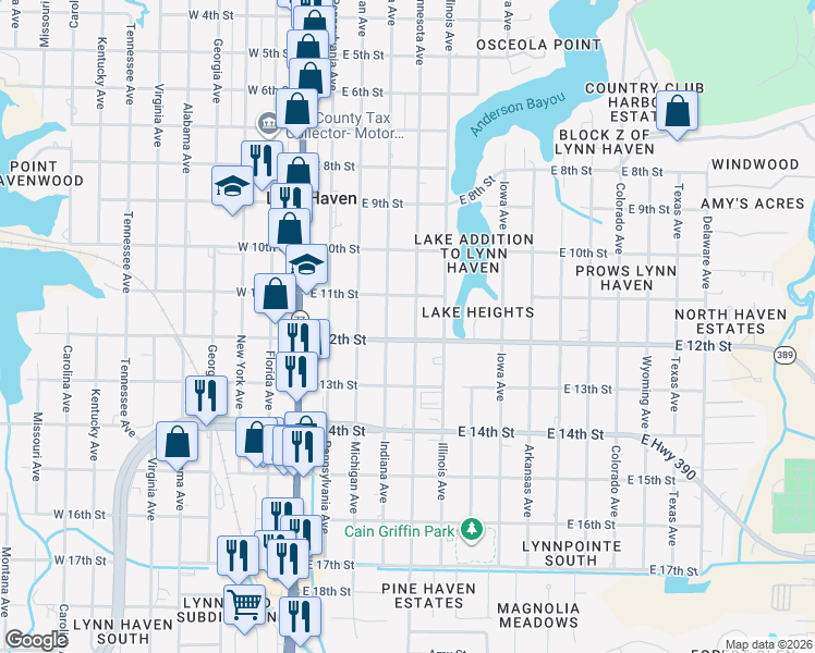 map of restaurants, bars, coffee shops, grocery stores, and more near 1116 Minnesota Avenue in Lynn Haven
