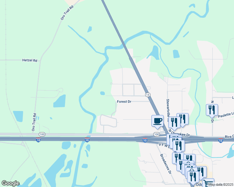 map of restaurants, bars, coffee shops, grocery stores, and more near 101 Woodlawn Drive in Crowley