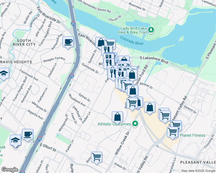map of restaurants, bars, coffee shops, grocery stores, and more near 1402 Parker Lane in Austin
