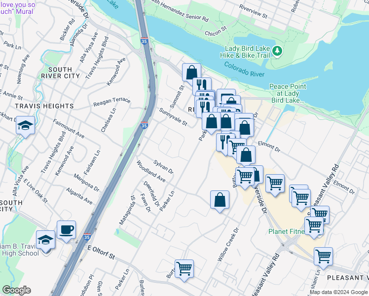 map of restaurants, bars, coffee shops, grocery stores, and more near 1703 Elmhurst Drive in Austin